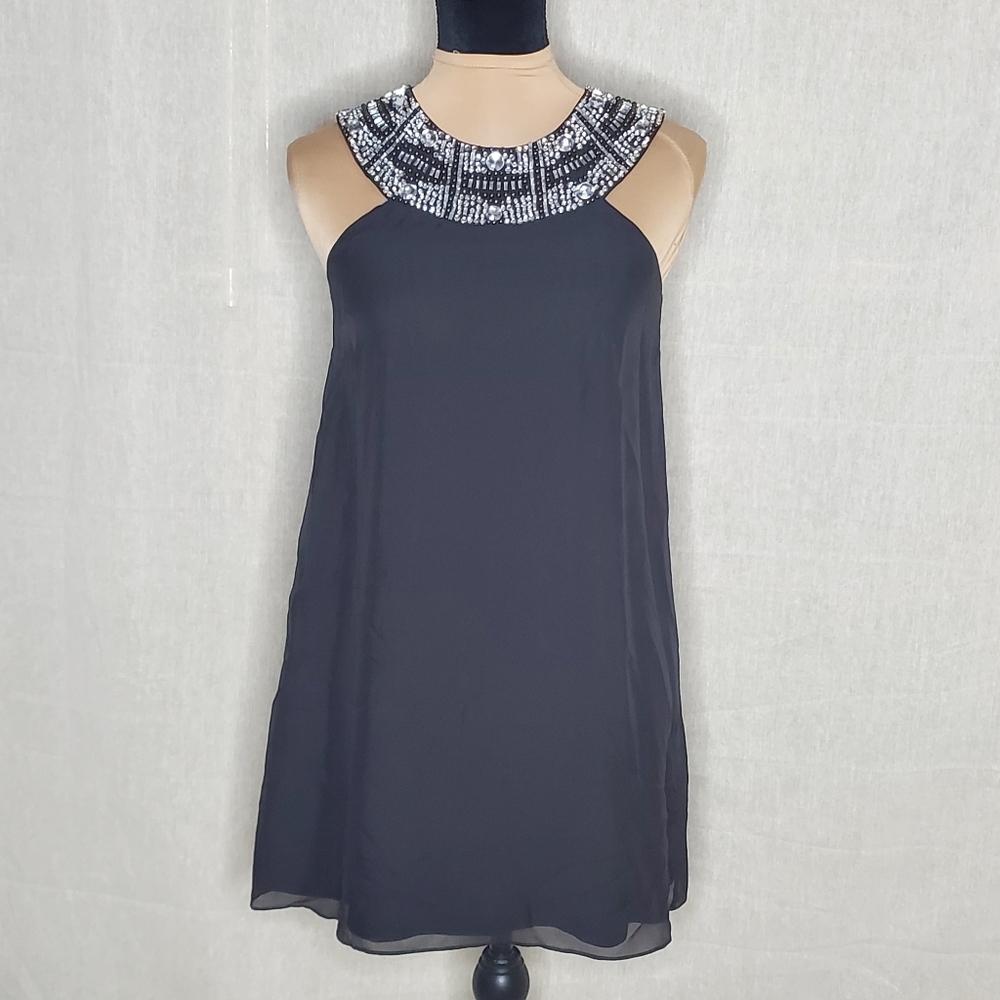 ♤ Alice + Olivia Black Silk Beaded Halter Neck Cocktail Dress Sleeveless Size XS